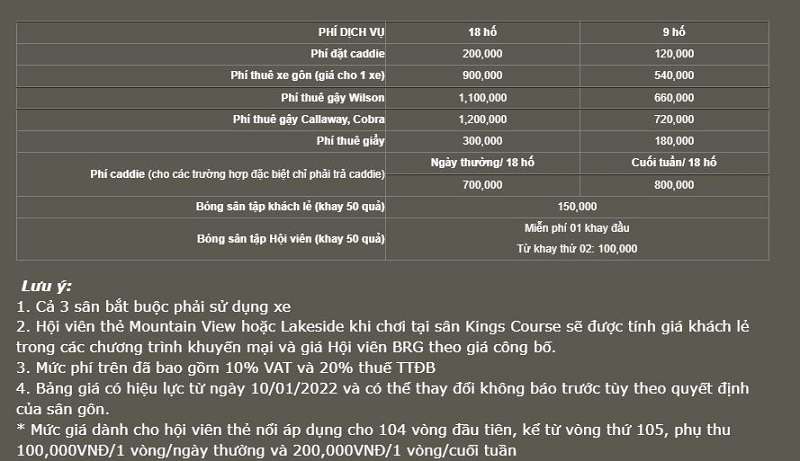 Bảng giá sân golf Đồng Mô theo từng sân