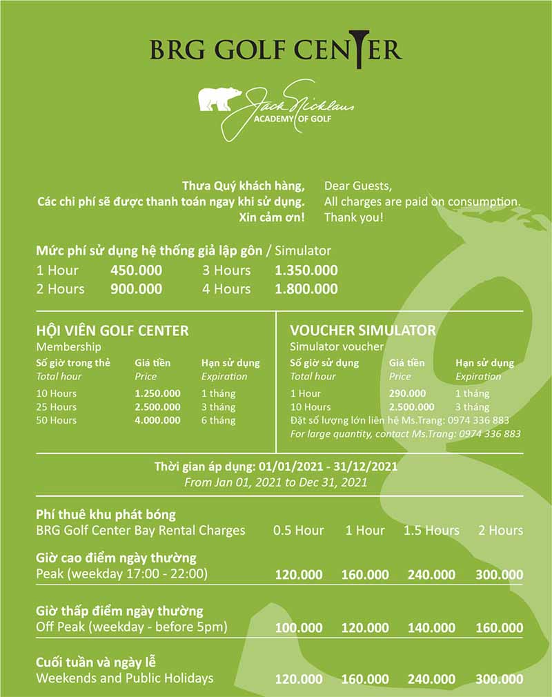 Bảng giá sân golf khách sạn Thắng Lợi