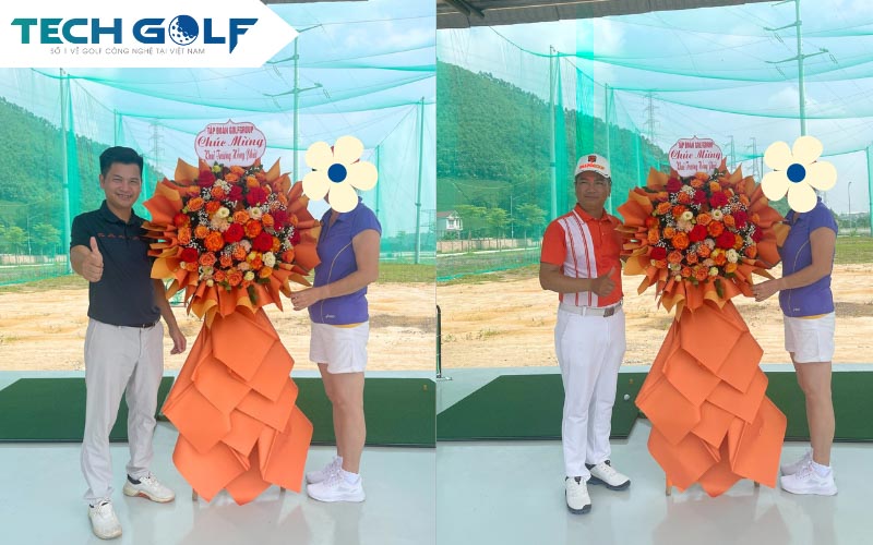 Giám đốc Techgolf và HLV Đinh Công Lợi chúc mừng khai trương sân Thanh Sơn Riverside